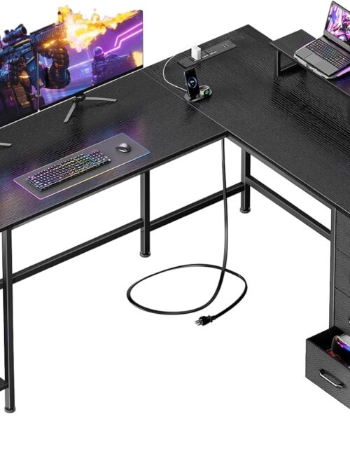 Korfile 59 inch L Shaped Computer Desk with Power Outlets, Home Office Desk with 4 Adjustable Storage Drawers & 2 Monitor Stands, Two Person Gaming Table for Bedroom, Black