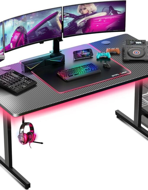 GTPLAYER 55 Inch Gaming Desk with LED Lights, Large Computer Desk with Mouse Pad for Home Office, T-Shaped Carbon Fibre Surface PC Game Workstations with Headphone Hook
