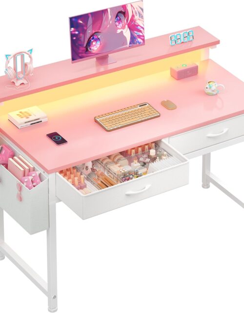 DurayLoly 31Inch Small Computer Desk with LED Lights & 2 Fabric Drawers, Gaming Desk with Side Pocket & Ergonomic Monitor Stand, Small Space Study Writing Table with Anti-Tip Design,Pink