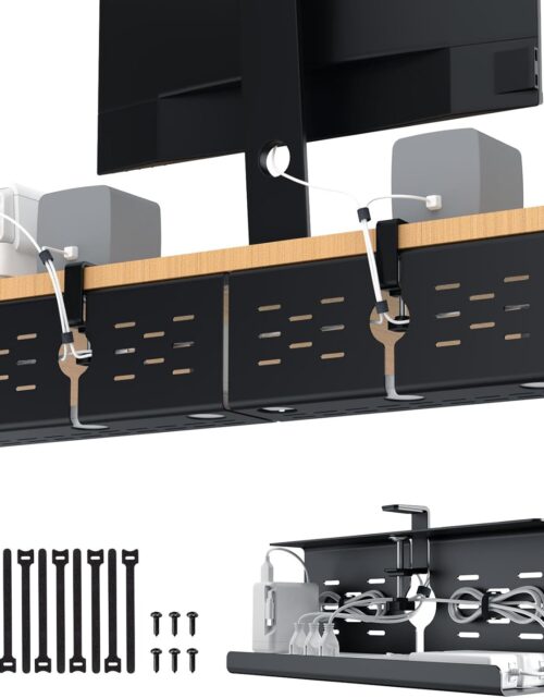 KEEGH 16" Under Desk Cable Management Tray, No Drill Clamp Mount, Desk Cord Organizer Upgrade Capacity, Cord Management Tray for Home Office, Gaming Desk, Standing Desk, Black, 2 Pack